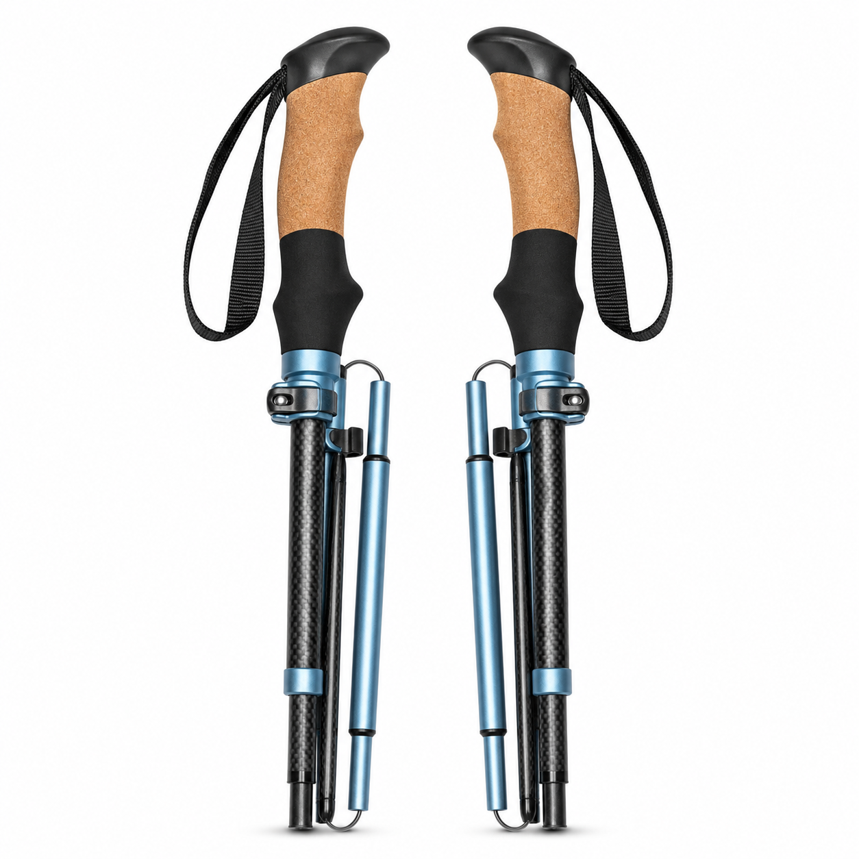 Paire de bâtons de randonnée premium en carbone bleu glacier 95-125 cm pliage rapide